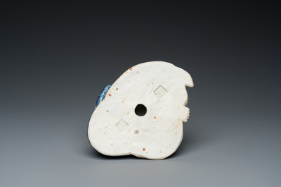 A Chinese blue and white seated Buddha, You Lin Ji Zao 游林記造 mark, Republic