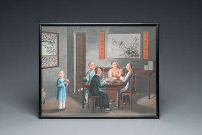 Canton school, China, 19th C.: 'Animated interior', gouache on paper