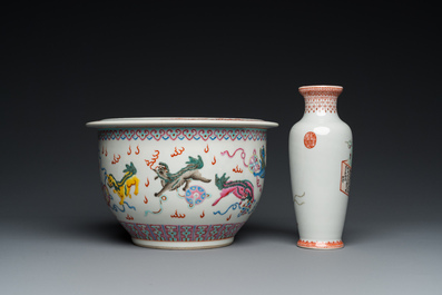 A Chinese famille rose 'Wu Shuang Pu' vase and a 'Buddhist lions' jardini&egrave;re, Republic
