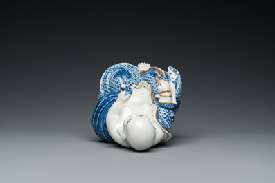 A Chinese blue and white seated Buddha, You Lin Ji Zao 游林記造 mark, Republic