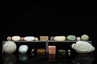 Nine Chinese jade snuff bottles, two brush washers and a seal, Qing and Republic