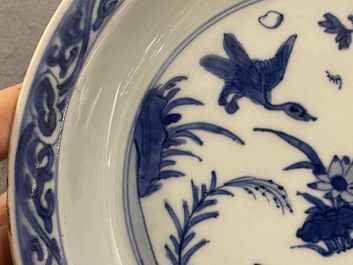 A Chinese blue and white 'ducks near a lotus pond' plate, Wanli