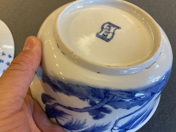 Three Chinese blue and white 'Bleu de Hue' bowls and two dishes for the Vietnamese market, 19th C.