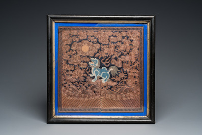 A Chinese embroidered silk military rank badge with a qilin, 19th C.