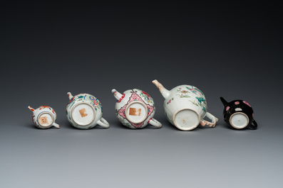 Five Chinese famille rose and Imari-style teapots and covers, Yongzheng/Qianlong