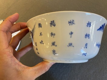 Three Chinese blue and white 'Bleu de Hue' bowls and two dishes for the Vietnamese market, 19th C.
