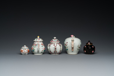 Five Chinese famille rose and Imari-style teapots and covers, Yongzheng/Qianlong