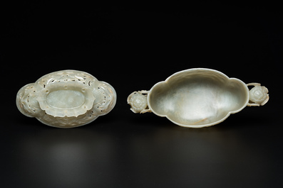 Bol couvert ajour&eacute; en jade sculpt&eacute;, Chine, 19/20&egrave;me