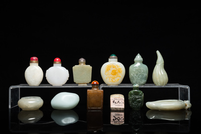 Nine Chinese jade snuff bottles, two brush washers and a seal, Qing and Republic