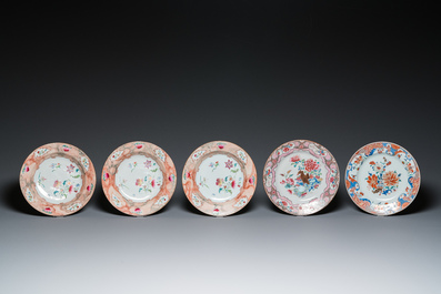Five Chinese famille rose and verte plates, Qianlong