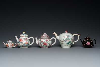 Five Chinese famille rose and Imari-style teapots and covers, Yongzheng/Qianlong