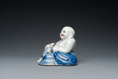 A Chinese blue and white seated Buddha, You Lin Ji Zao 游林記造 mark, Republic