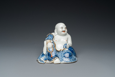 A Chinese blue and white seated Buddha, You Lin Ji Zao 游林記造 mark, Republic