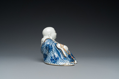 A Chinese blue and white seated Buddha, You Lin Ji Zao 游林記造 mark, Republic