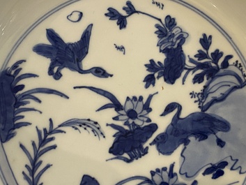 A Chinese blue and white 'ducks near a lotus pond' plate, Wanli