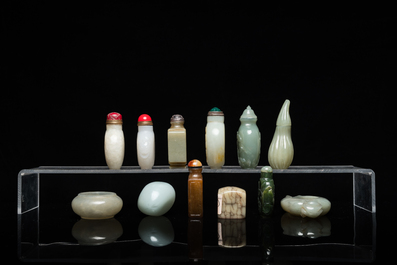 Nine Chinese jade snuff bottles, two brush washers and a seal, Qing and Republic