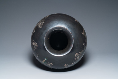 A very large Chinese Fuzhou or Foochow lacquer vase on stand, ca. 1950