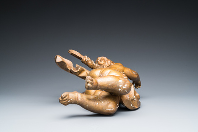 A pair of gilded wooden winged cherubs, probably Flanders, 1st half 18th C.