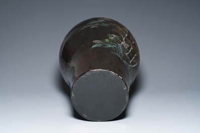 A very large Chinese Fuzhou or Foochow lacquer vase on stand, ca. 1950