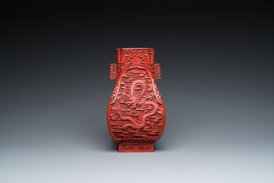 A Chinese red cinnabar lacquer 'fanghu' vase, 19/20th C.