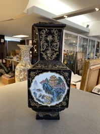 A Chinese black-ground famille rose vase, Qianlong mark, Republic