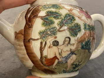 A rare Chinese famille rose 'Adam and Eve' teapot and cover, Qianlong