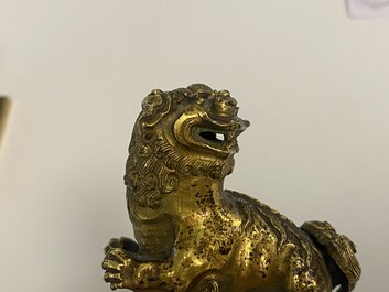 Een paar Chinese vergulde koperen boeddhistische leeuwen op champlev&eacute; basissen, 19e eeuw