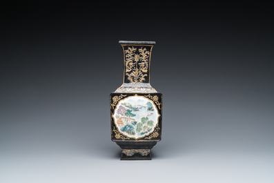 A Chinese black-ground famille rose vase, Qianlong mark, Republic