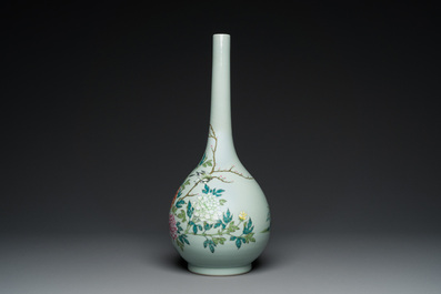 A large Chinese famille rose celadon-ground bottle vase, Qianlong mark, Republic