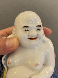 A Chinese blue and white seated Buddha, You Lin Ji Zao 游林記造 mark, Republic