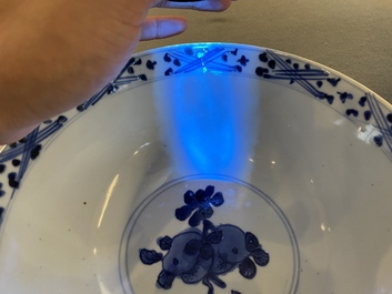 Twee Chinese blauw-witte kommen met eenden, herten en kraanvogels, Wanli