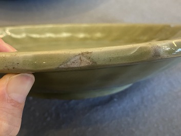 Two Chinese Longquan celadon dishes with underglaze design, Ming