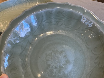 Two Chinese Longquan celadon dishes with underglaze design, Ming