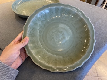 Two Chinese Longquan celadon dishes with underglaze design, Ming