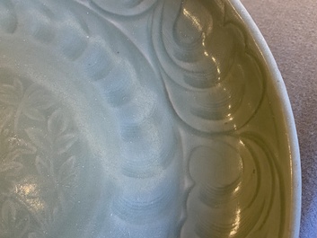 Two Chinese Longquan celadon dishes with underglaze design, Ming