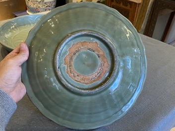 Two Chinese Longquan celadon dishes with underglaze design, Ming