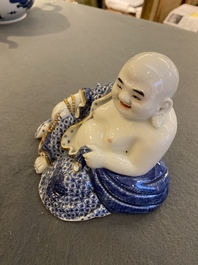 A Chinese blue and white seated Buddha, You Lin Ji Zao 游林記造 mark, Republic