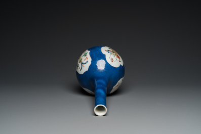 A Chinese famille verte powder-blue-ground bottle vase, Kangxi