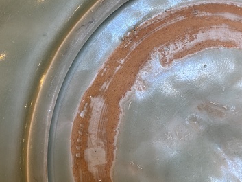 Two Chinese Longquan celadon dishes with underglaze design, Ming