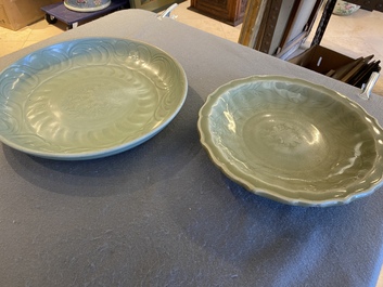 Two Chinese Longquan celadon dishes with underglaze design, Ming
