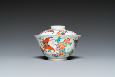 A Chinese famille rose 'butterflies' bowl and cover, Jia Qing Nian Zhi 嘉慶年製 mark, 19/20th C.