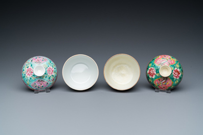 Twee Chinese famille rose 'chupu' dekselkommen voor de Straits of Peranakan markt, 19e eeuw