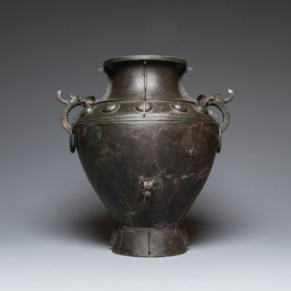 A rare massive Chinese archaistic bronze 'lei' wine vessel with inscription, Song