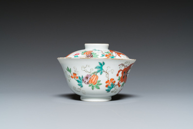 A Chinese famille rose 'butterflies' bowl and cover, Jia Qing Nian Zhi 嘉慶年製 mark, 19/20th C.