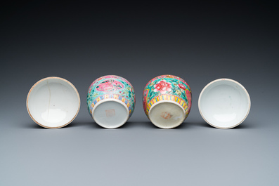 Twee Chinese famille rose 'chupu' dekselkommen voor de Straits of Peranakan markt, 19e eeuw