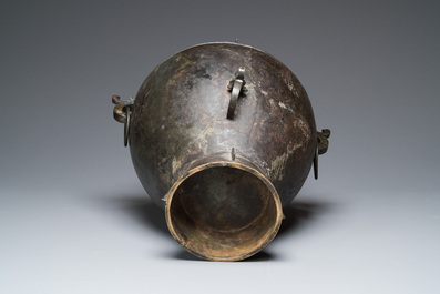 A rare massive Chinese archaistic bronze 'lei' wine vessel with inscription, Song