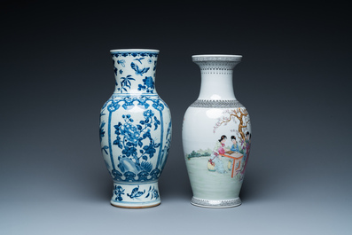 A Chinese blue and white vase and a famille rose vase, 19th and 20th C.