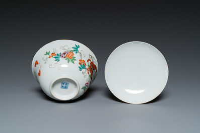 A Chinese famille rose 'butterflies' bowl and cover, Jia Qing Nian Zhi 嘉慶年製 mark, 19/20th C.