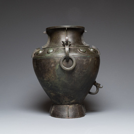 A rare massive Chinese archaistic bronze 'lei' wine vessel with inscription, Song