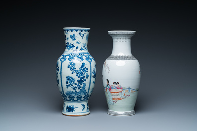 A Chinese blue and white vase and a famille rose vase, 19th and 20th C.
